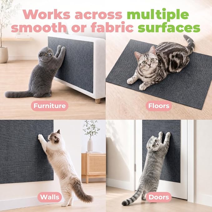 Catify Peel & Stick Cat Scratching Mat - Gray, L:78" | 78" x 15", Self-Adhesive Scratch Carpet, Furniture Protector for Couch, Sofa, Wall & Door, Indoor Kittens & Cats