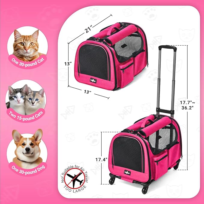 Large Pet Carrier with Wheels, Foldable Rolling Dog Carrier with Big Pocket, Cat Rolling Bag 21"x13"x13" for 2 Cats &Dogs, for Travel, Outdoor, Vet Visits, Camping, Indoor.Pink. (Not for Airline)