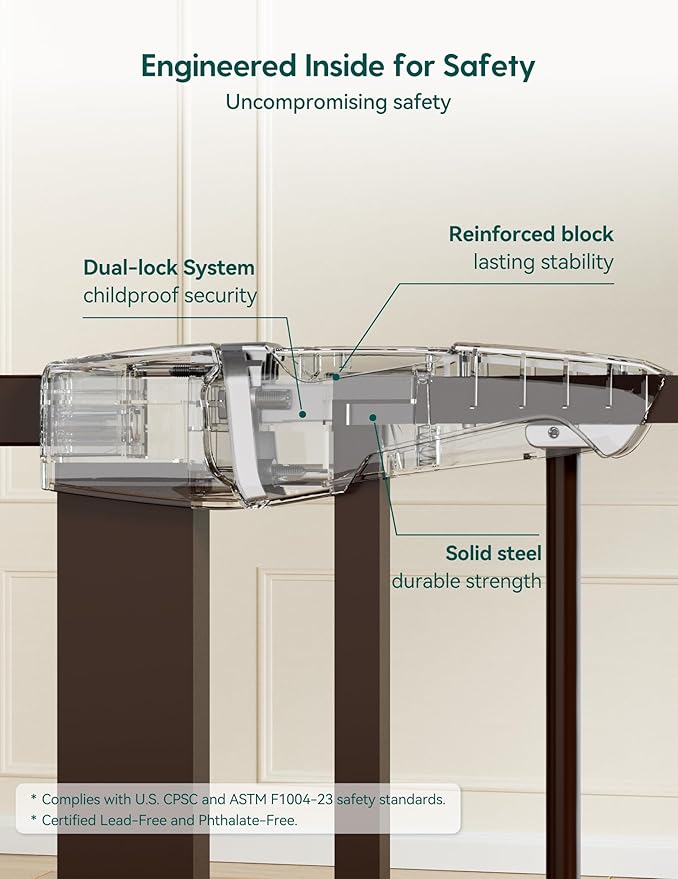 Babelio Pressure Mounted Baby Gate for Stairs, 29-48" Wide Dog Gate Indoor | Triple-lock system; Pressure/wall mount Auto-close; 200N impact tested; Easy Install for Doorways, Kitchen, Hallway, Brown