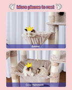 Gitelsnour Cat Tree, 74" Tower for Large Cats, Big Condo Hammock CCT030MU | Heavy duty, 3 Big Platforms, 2 Baskets, 2 Condos, Multi-Level Cat Scratching Posts, Indoor Cats Large Adult, Mushroom