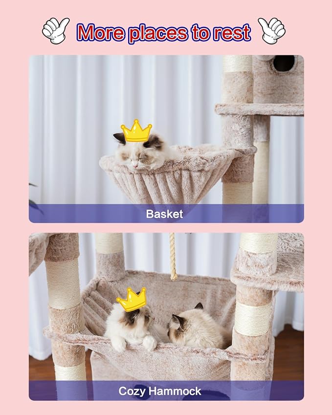 Gitelsnour Cat Tree, 74" Tower for Large Cats, Big Condo Hammock CCT030MU | Heavy duty, 3 Big Platforms, 2 Baskets, 2 Condos, Multi-Level Cat Scratching Posts, Indoor Cats Large Adult, Mushroom