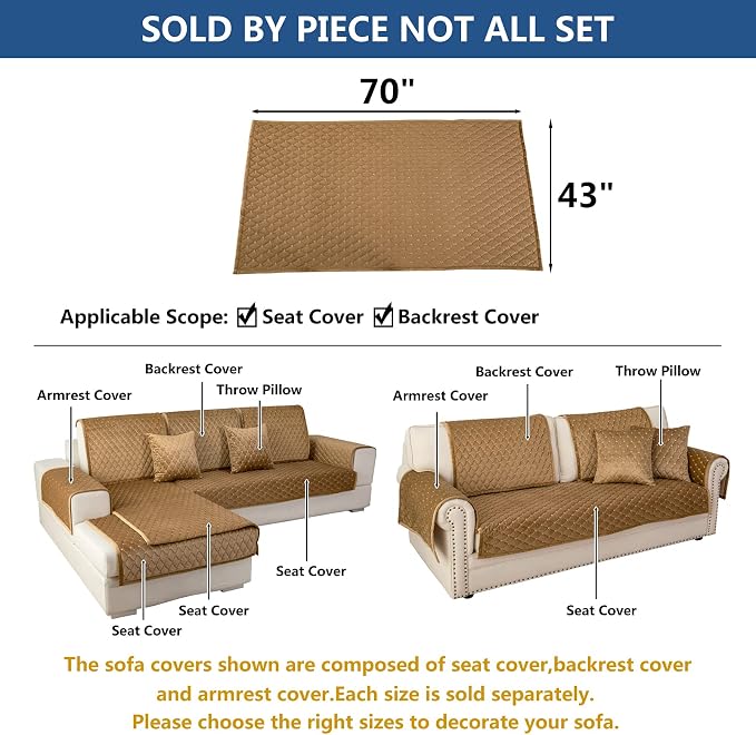 Eismodra Couch Cover,Sectional Couch Covers,Sofa Covers for 3 Cushion Couch,Anti-Slip Sofa Slipcovers for Dogs Cats Kids Loveseat Recliner L Shaped Armrest Backrest,Coffee 43''x70''(Only 1 Piece)