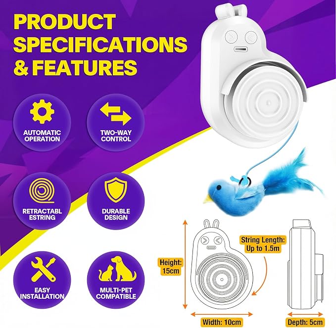 Interactive Cat Toys for Indoor Cats: Automatic Electric Flying Bird Feather & Mouse Wand, Rechargeable Electric Hanging Play Chase Exercise Moving Enrichment Toy for Bored Kittens and Adult Cats | CATPICK Rechargeable Door Frame Hanging Play Chase Exe...