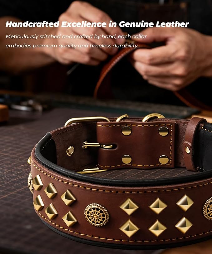 Genuine Leather Dog Collar 2.2 in Wide for Large Dogs Heavy Duty, BN-GD-S | Handcrafted,Stainless Steel Buckle and Alloy Studded,Soft Padded,Fashionable Daily Wear for Large Giant Breed,16.5-20.5 in