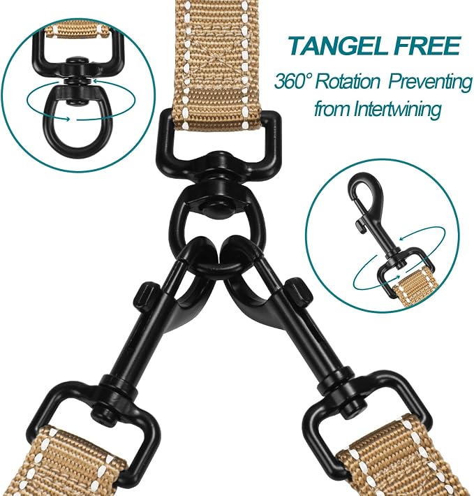 PetBonus Double Dog Leash, No Tangle Dual Leash, Walking Training Lead | 4 Comfortable Padded Handles, Adjustable, Reflective, For Two Large Medium Dogs, Collapsible Bowl and Waste Bags, Light Khaki