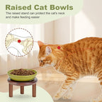 SPUNKYJUNKY Extra Wide Elevated Ceramic Cat Bowl with Acacia Wood Stand Whisker Friendly (Cat Paw Pattern, 2 Pack, Green)