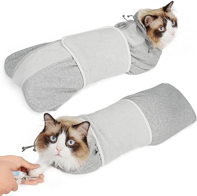 Supet Cat Grooming Wrap for Cutting Nails, Self-Adhesive Calm Cat Swaddle | Bite-Proof Mesh Hood & Thick Waist Strap Anti-Escape Anti-Scratch Bag for Nail Trimming, Medication, Ear Cleaning (Grey L)