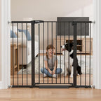 Mumeasy 36" Extra Tall Baby Gate for Stairs, 29.7-51" Wide Dog Gates Indoor for Doorways with Easy Walk Thru, Auto Close Pet Safety Gate for House, Pressure Mounted Metal Child Gate with Door, Black