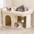 Heybly Cat Tree, 14" Cat Tower with Large Cat Bed & Condo HCT203SM | Cat Furniture for Indoor Cats Large Adult, Cat House with Scratching Posts and Spring Balls for Kittens, Beige