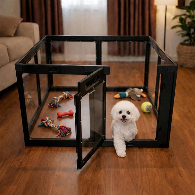 Transparent Indoor Dog Playpen with Safety Lock, Indoor Dog Fence for Small & Medium Pets | Secure, Stylish, Easy Clean Play Pen for Dogs & Pets with Scratch Resistant Panels (Black, 8 Panel)