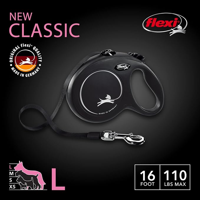 FLEXI® Classic Tape Retractable Dog Leash, Large, 16 ft - Black | German engineered, original flexi leash, durable quality for dogs up to 110 lbs, tangle-free, walking, reliable brake system