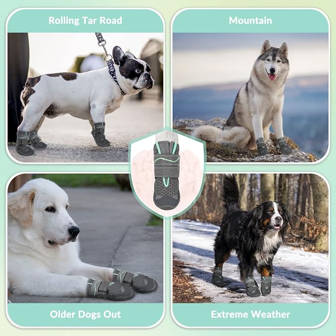 SlowTon Dog Shoes for Large Small Medium Dogs - Breathable Dog Boots for Summer Hot Pavement, Paw Protector for Outdoor Walking Winter Snow, Anti-Slip Rubber Dog Booties for Hardwood Floor (Grey, 4)