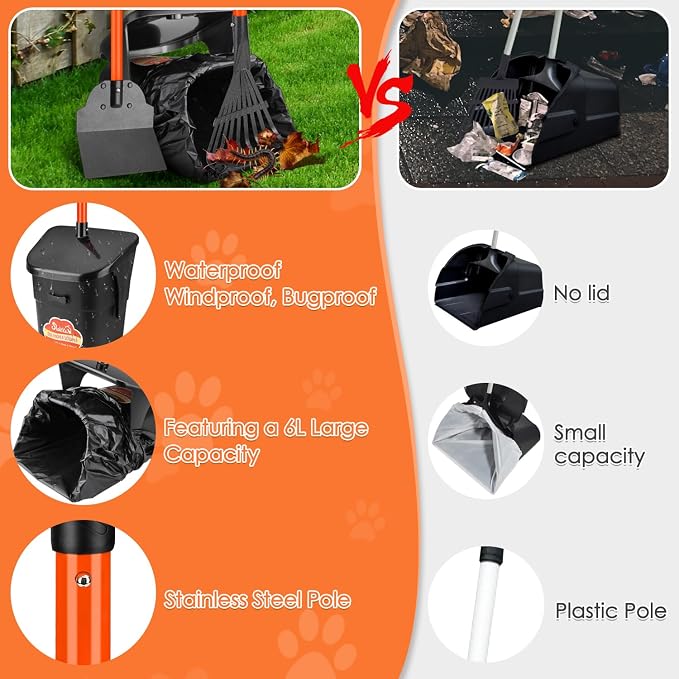 SlowTon Dog Pooper Scooper - 37.4" Long Metal Handle Adjustable Rake & Spade & Swivel Bin with 20 Waste Bags, Portable Pooper Scooper for Gravel Lawn Grass, Suit for Small Medium Large Dog | Adjustable, Portable, Non Breakable, with 20 Waste Bags, Swiv...