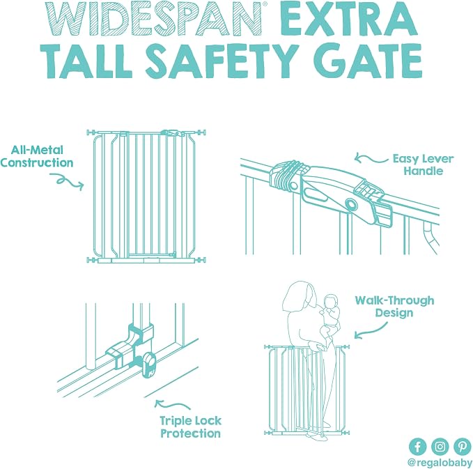 Regalo 36" Extra Tall and Wide Baby Gate, Bottom of Stairs & Doorways | Fits Openings 29"-49" Wide, Pressure Mounted with Door, For Babies, Toddlers & Pets, White