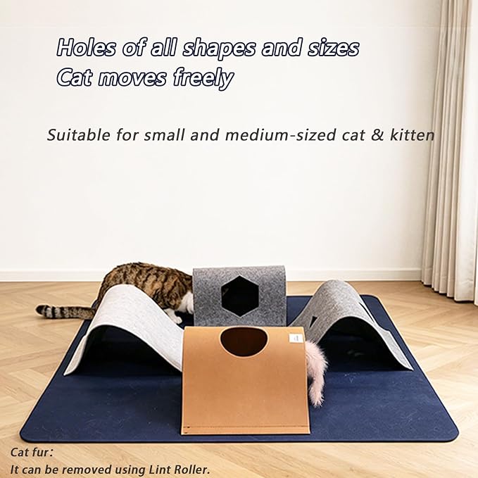 Cat Tunnel Mat for Indoor,4-Way Felt Cats Play Mat Cat Cave for Hide & Seek | Furphoria 39.4" Large Cat Tunnel with 6 Pcs Toys Set Interactive Cat Enrichment for Foldable Kitten Tunnel (Navy Blue)
