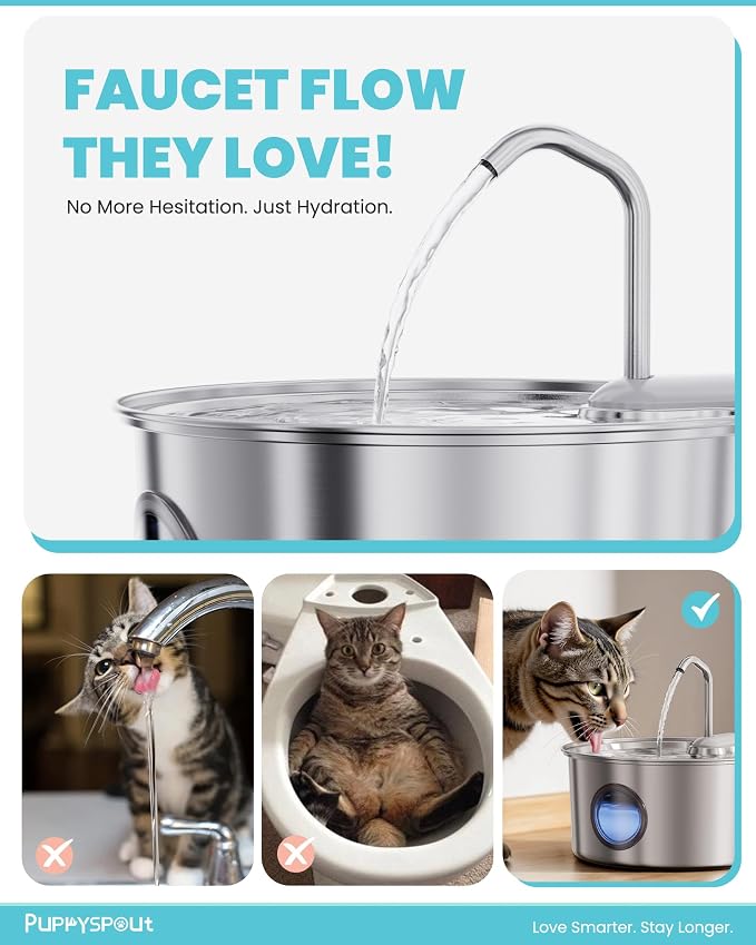 Puppyspout Stainless Steel Cat Water Fountain, Visible Window, 108 oz | Quiet operation, includes 3 filters, multi-pet drinking dispenser for indoor cats and dogs, multi-pet homes, Dishwasher Safe