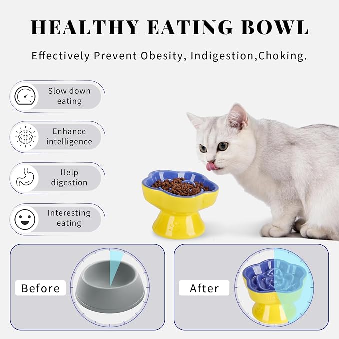 S&Q's CERAMICS Raised Slow Feeder Cat Bowl, Ceramic Elevated and Titled Pet Food Bowl, Small Dogs Slow Feeder, Flower Shaped Dish for Dry and Wet Food (Blue, 5.8")