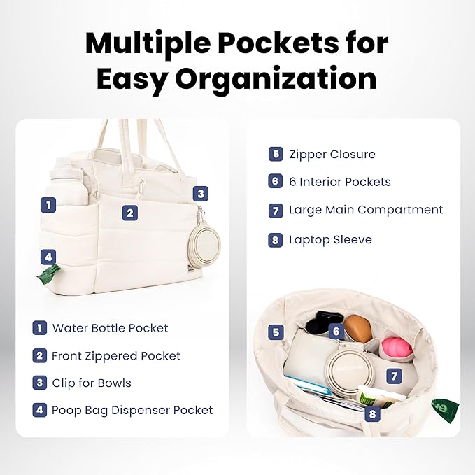 Rubyloo Puffer Dog Travel Bag for Dog Moms, Diaper Bag with Travel Bowls | 2 BPA-Free Collapsible Bowls, 2 Pet Food Containers, 9 Pockets, Everyday Puffer Bag Works With or Without Your Dog, Beige
