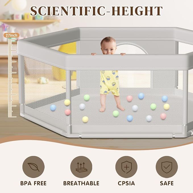 Hiaksedt Large Baby Playpen 65x65 Inch, PlayPen for Babies and Toddlers | Hexagonal Type Baby Play Yards for Indoor & Outdoor with Breathable Mesh Anti-Fall