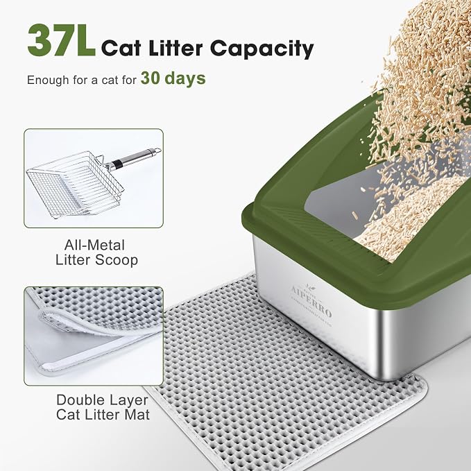AIPERRO Stainless Steel Litter Box | XL Enclosed Cat Litter Boxes with Lid for Big Cats | High Sided, Anti-Urine Leakage | Non-Stick Bottom & Includes Litter Mat & Metal Scoop (Olive Green)
