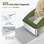 AIPERRO Stainless Steel Litter Box | XL Enclosed Cat Litter Boxes with Lid for Big Cats | High Sided, Anti-Urine Leakage | Non-Stick Bottom & Includes Litter Mat & Metal Scoop (Olive Green)
