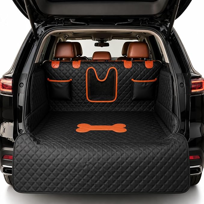 SUV Cargo Liner for Dogs,Waterproof Dog Trunk Cover with Bumper Flap | Material: Waterproof PU Leather | Protection: 12.60" Side Flaps & 17.72" Bumper Flap | Fit: Most SUVs | Non-Slip Design
