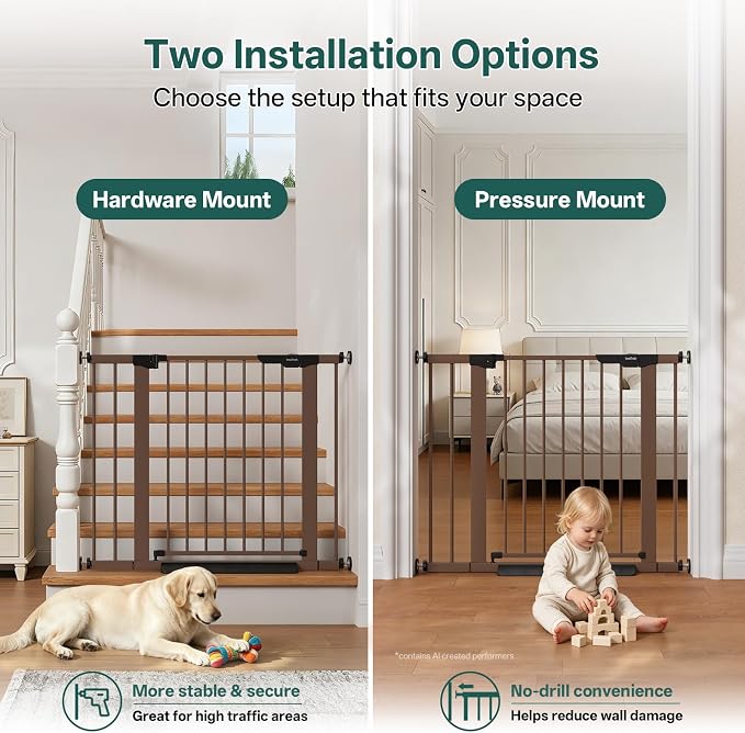 InnoTruth 27-36.6 in Wide Baby Gate for Stairs and Doorways, Brown | Indoor Metal Dog Gate for Pets, Auto Close 2 Way Swing Walk Through Door, Double Lock & Y-Bolts, Pressure or Hardware Mount