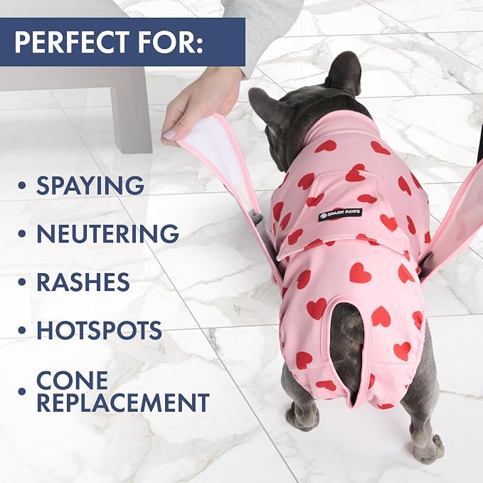 Spark Paws Dog Surgery Recovery Suit – Dog Recovery Suit After Surgery, Anti-Lick Dog Onesie, Abdominal Wound Protector, Soft Cone Alternative for Spay Neuter Male Female Pet Recovery, Pink Hearts,3XL