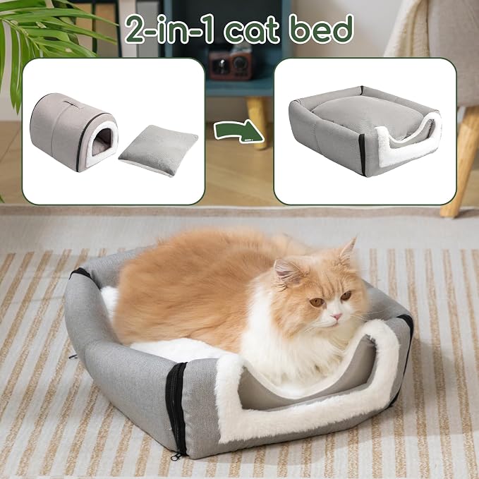 Hollypet Cat Bed Cave for Indoor Cats for Pets up to 20 lbs, Gray | Warm Cat Arched Cave Bed Condo, Covered Kitty House with Removable Washable Cushion, Cozy Enclosed Pet Bed for Small Dogs