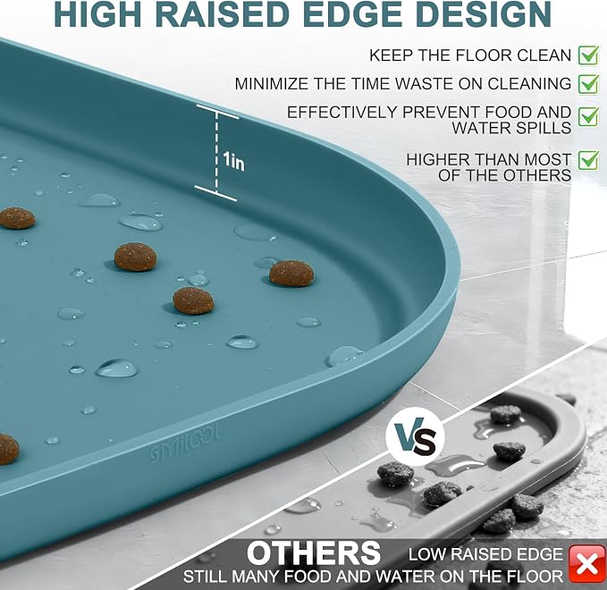 SMILOOL 36" x 24" x 1" Extra Large Silicone Pet Food Mat with Raised Edge for Food and Water Bowl, Dog Feeding Mats, Cat Food Trays for Floor Waterproof, Rubber Tray for Dogs and Cats, Slate Blue