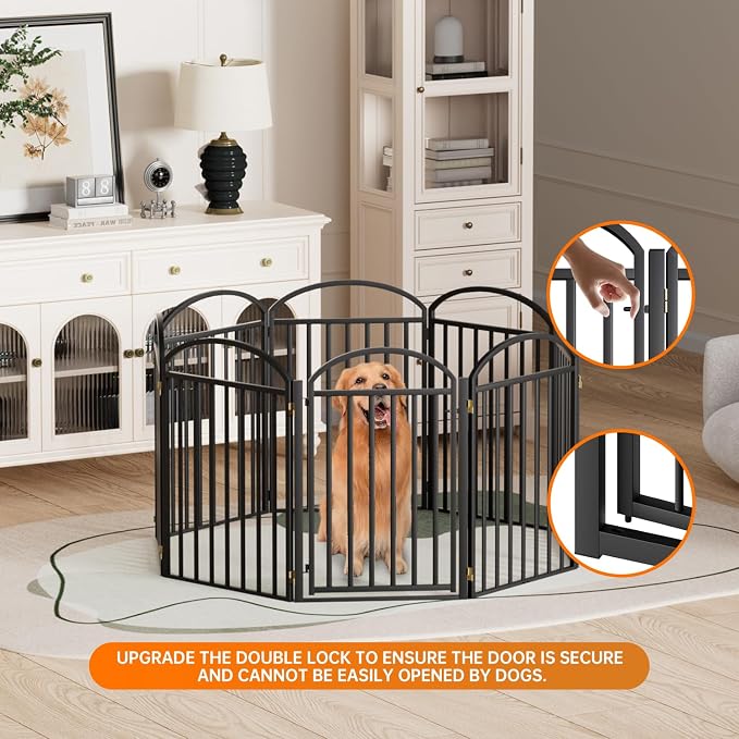 SNUOWU 8 Panels Full Matel Freestanding Dog Gates with Door, 192"Extra Wide 32"Tall Free Standing Dog Pet Gate for Indoor & Outdoor. Foldable Pet Fences for Doorways, House, Stairs, Porch, Deck, Yard