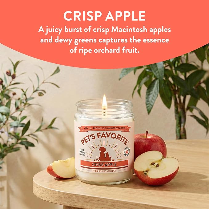 Pet's Favorite Pet Odor Candle, Clean Burning, Long Lasting Apple Scented Candle with a Natural Fiber Wick and 70 Hour Burn Time, Crisp Apple - Pack of 1