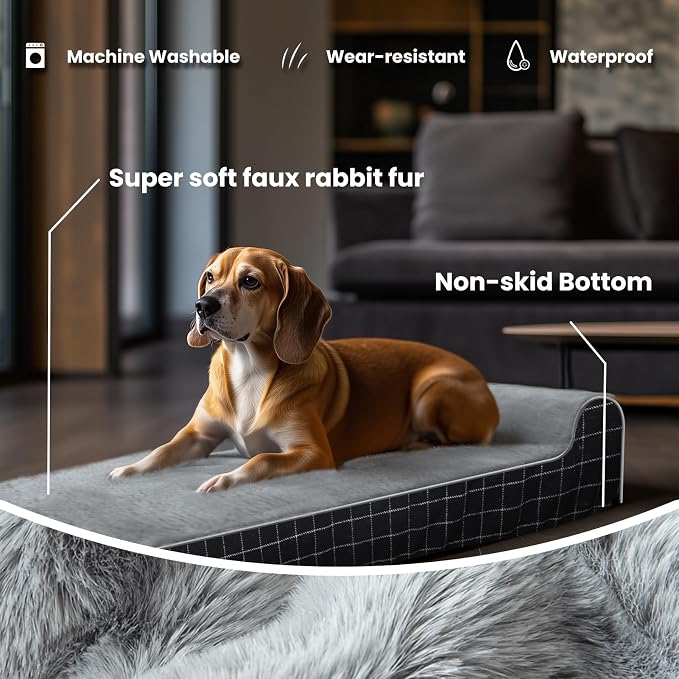 Laifug Orthopedic Dog Beds for Large Dogs,3" Memory Foam Dog Beds,Durable Water Proof Liner Removable and Washable, Nonskid Bottom,Black Grid Grey 40"x25"x5.5"