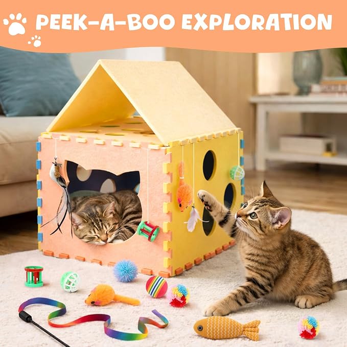 34Pcs Feather Wand Catnip Toy Set, Kitten Toys with Soft Pillow and Chew Rope, Interactive Cat Toys for Indoor Cats, Cat Play Set with Springs Balls and Bells