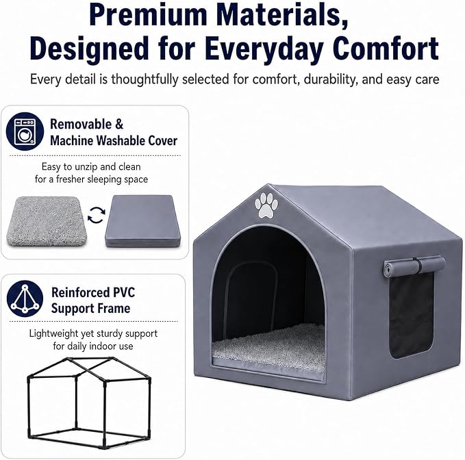 Dog House Indoor for Medium Dogs, 25 x 25 x 28 Inch Dog Tent with Reversible Cushion, Washable Foldable Pet House with Sturdy PVC Frame, Non-Slip Bottom & Roof Cover for 15-45 lbs Dogs and Cats, Gray