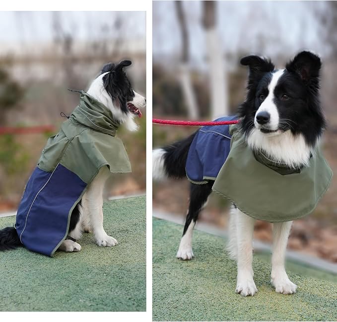 MAMORE Dog Raincoat with High Collar - Waterproof Adjustable Dog Rain Jacket, Lightweight Reflective Pet Rain Coat for Small Medium Large Dogs for Outdoor Walking Hiking(Green&Navy, Small)