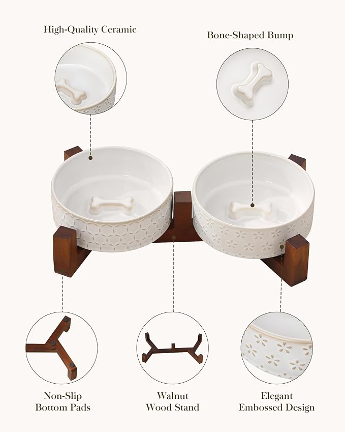MALACASA Dog Bowl Set, Ceramic Bowls with Walnut Wood Stand, 1.5 Cups | Five-leaf grass and honeycomb design, non-slip base, for cats and dogs, about 26% heavier than similar ceramic bowls