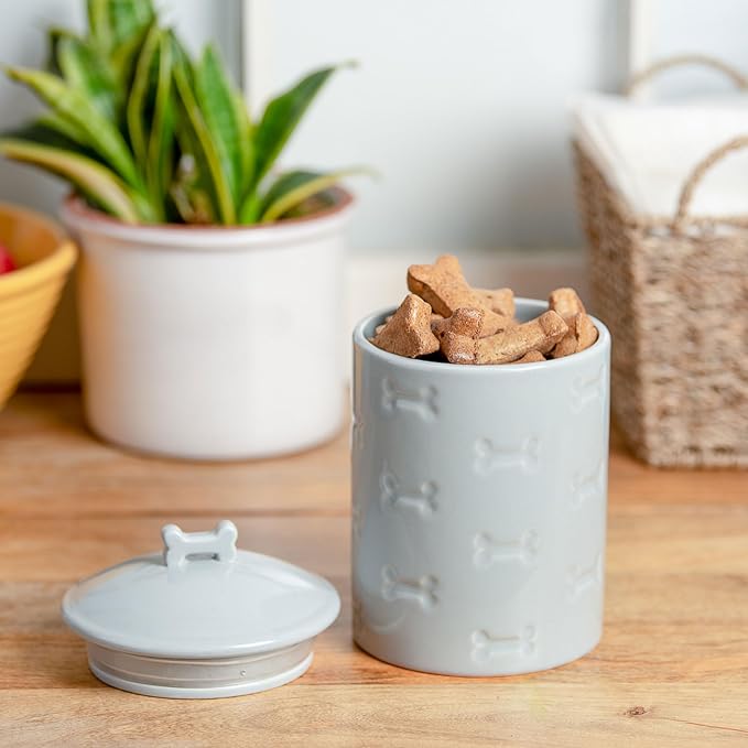 Ceramic Pet Treat Jar with Airtight Lid for Dogs, Cats, Puppies and More, Chic Kitchen Countertop Container for Cookies, Biscuits and Treats (Manor, Grey, 1.4 Qt)
