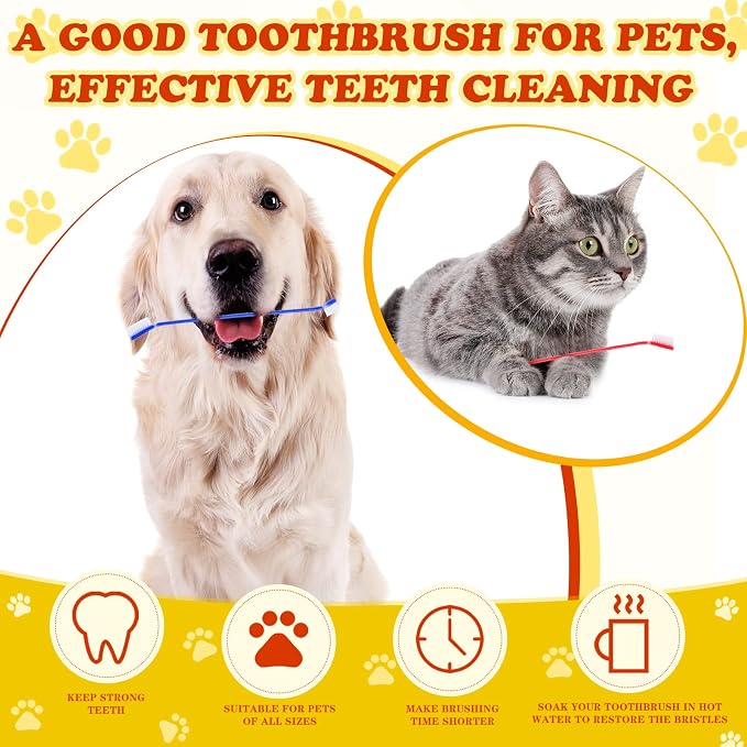 Nuogo 200 Pcs Dog Toothbrush,Dual Headed Long Handle, 8 Colors, Cats Dogs | Bulk 200 Pack, fits large and small breeds, dual brush heads, long handle reach, 8 colors for multi-pet households