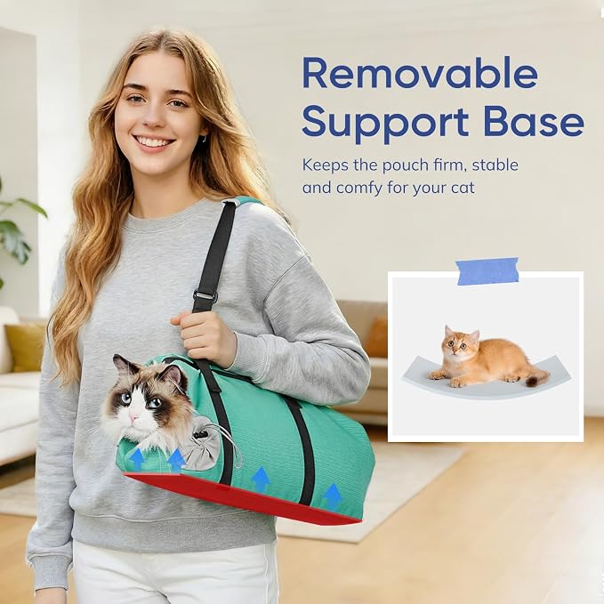 Cat Carrier Pouch, Soft Cat Grooming Restraint Bag for Vet Visits, Nail Trimming,Dental Care & Medication, Comfortable Cats Carry Bag with Bottom Support for Car Travel,Green S(4-10lbs)