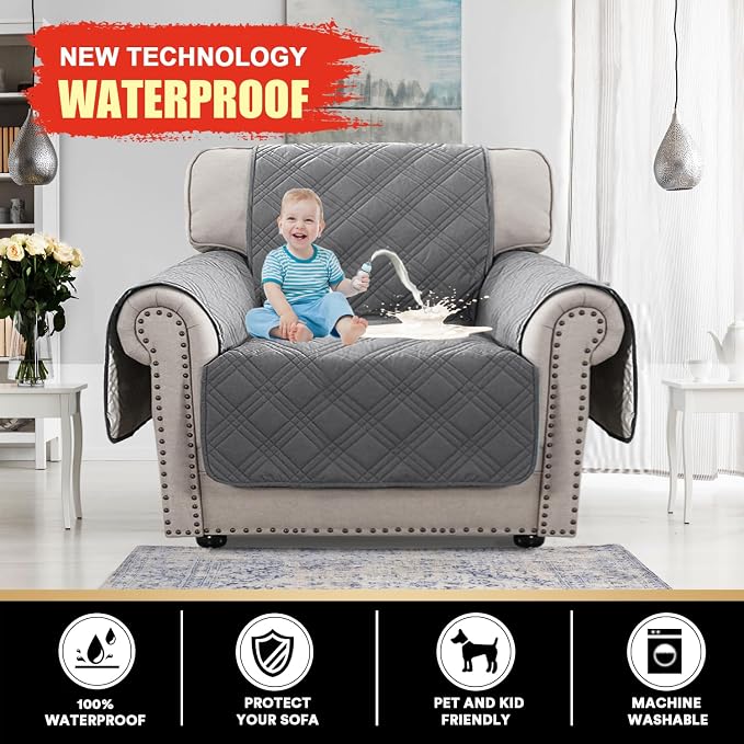 100% Waterproof Chair Sofa Slipcover for Living Room Water Resistant Couch Cover Furniture Protector Cover with Elastic Straps for Pets Kids Children Dog Cat(Chair 23", Grey)
