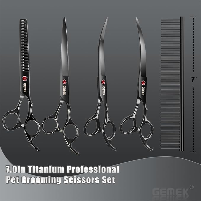 7.0in Titanium Professional Dog Grooming Scissors Set, GEMEK 6 in 1 Straight & Thinning & Upwards Curved & Downwards Curved Scissors & Comb for Dogs, Cats and Other Animals (Black)