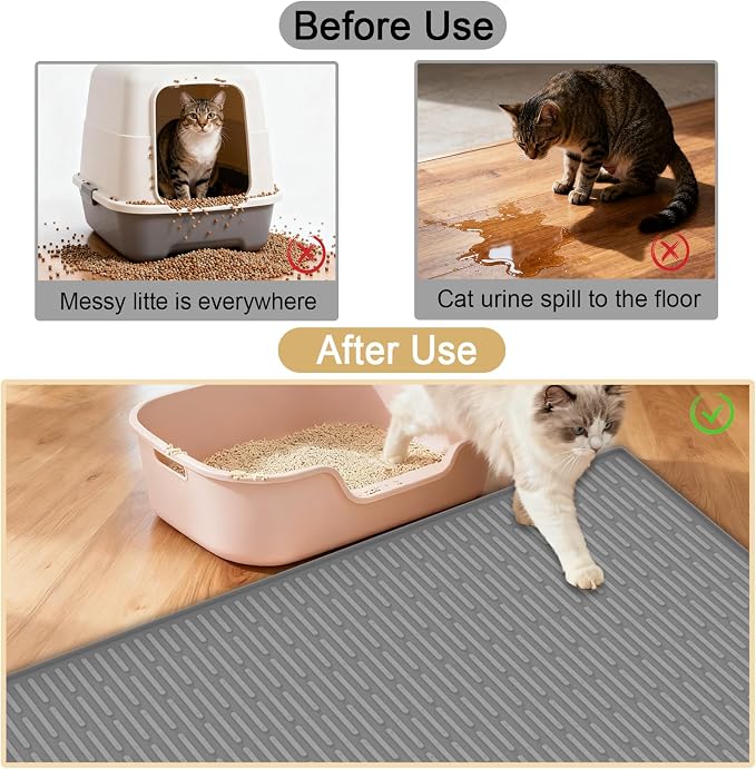 XXL Silicone Cat Litter Mat, 40"x30"(100cmx75cm) Extra Litter Box Mat for Floors, Non-Slip Litter Trapping Mat to Prevent Tracking, Easy to Clean Kitty Litter Catcher Mat, Durable, Gray White