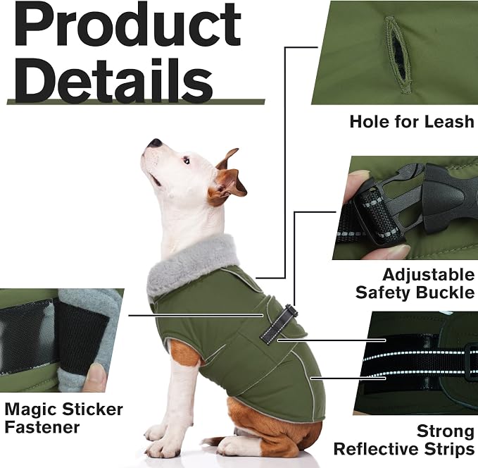 Lelepet Dog Coats for Large Dogs Waterproof Dog Jacket with Adjustable Fit | Windproof Cold Weather Coats with Adjustable Buckle & Leash Hole Reflective Winter Jackets for Large Dogs, Army Green, XXL