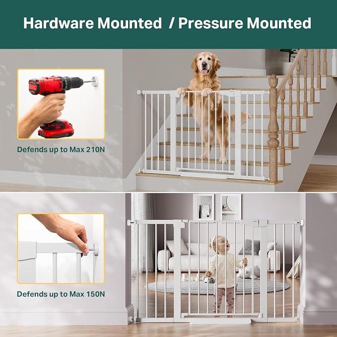 Cumbor 29.7-51.5 in Extra Wide Baby Gate for Stairs, Dog Gate Indoor White | Mom's Choice Awards Winner, Auto Close with Double Lock, One-Hand Open Child Gate for Toddlers & Pets, Pressure Mounted