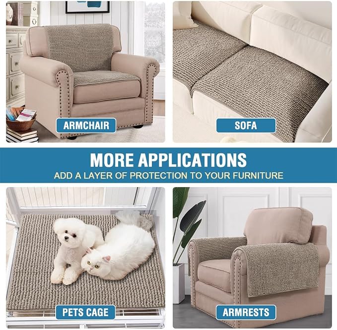 H.VERSAILTEX Plush Chenille Couch Armrest Cover 2 Packs Thick and Soft Sofa Covers Furniture Protector Cover for Pets (27.5" x 27.5", Taupe)