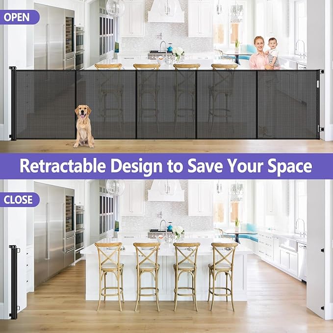 Reinforced 42" Tall Pet Gate 96" Wide Retractable Baby Gate, Indoor/Outdoor | Tall Retractable Dog Gate Prevents Crawling Under, One-Hand Operation Safety Lock, Scratch-Resistant Mesh, Easy Install/Black