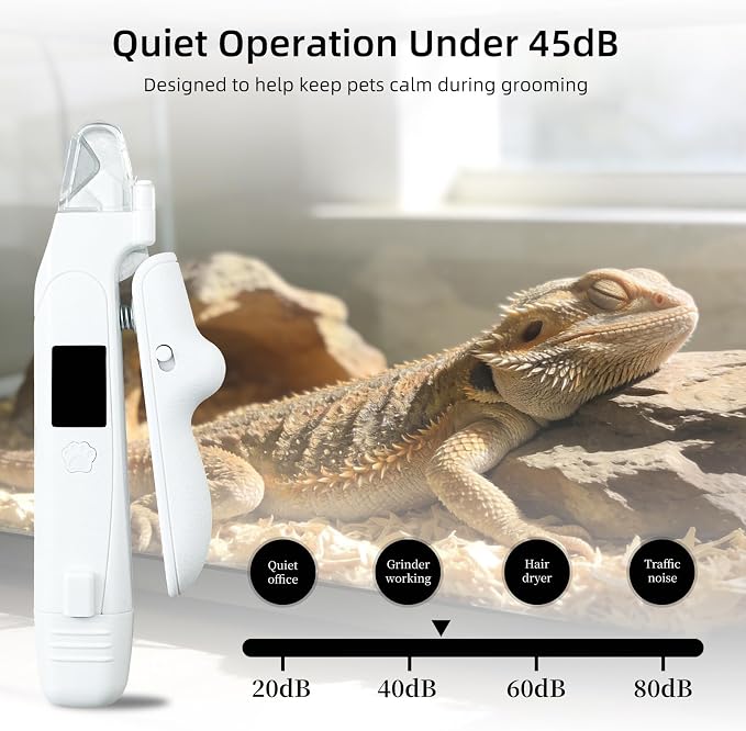 Bearded Dragon Nail Clipper & Grinder 2-in-1 - Rechargeable Electric Lizard Nail File Trimmer with Safety LED Light, Quiet Low-Speed for Lizard, Crested Gecko, Turtle, Chameleon