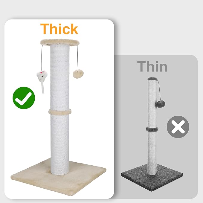 34-Inch Tall Cat Scratching Post for Large Cats, Stable Base, Beige | Heavy-Duty Cat Scratcher, Extra-Tall Thick Post, Soft Natural Cotton Rope, Hanging Interactive Cat Toys, Indoor Cat Furniture
