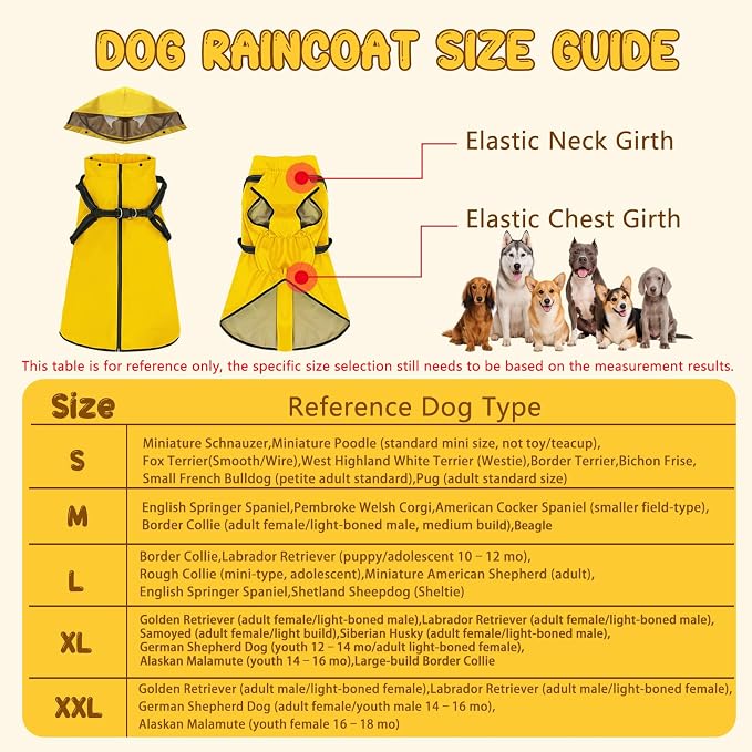 Dog Raincoat: Dog Rain Jacket with Reflective Harness & Removable Hood | Waterproof Dogs Rain Coat Poncho for Large Medium Small Dogs Puppies (Yellow - S)